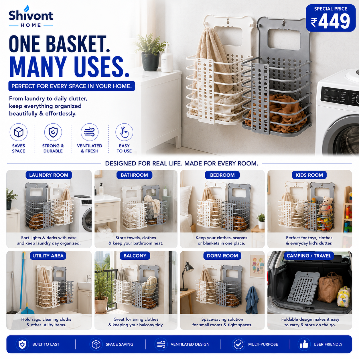 Wall Mounted Bathroom Hanging Laundry Basket
