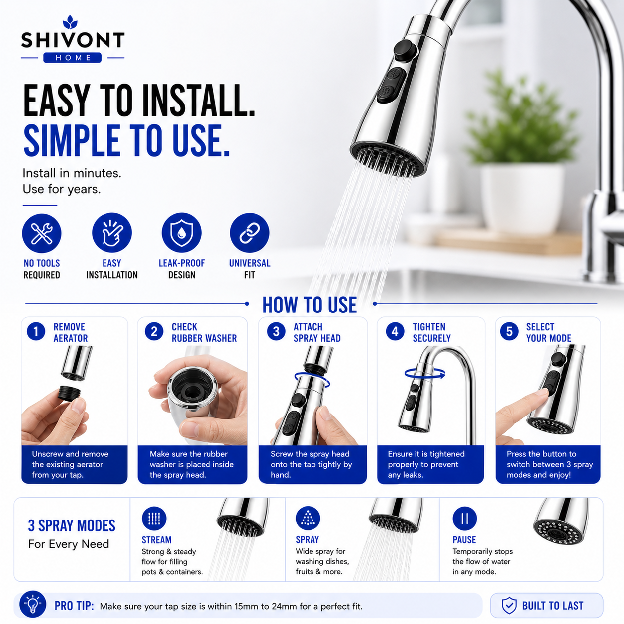 Stainless Steel 360 Degree Flexible tap extender for kitchen sink