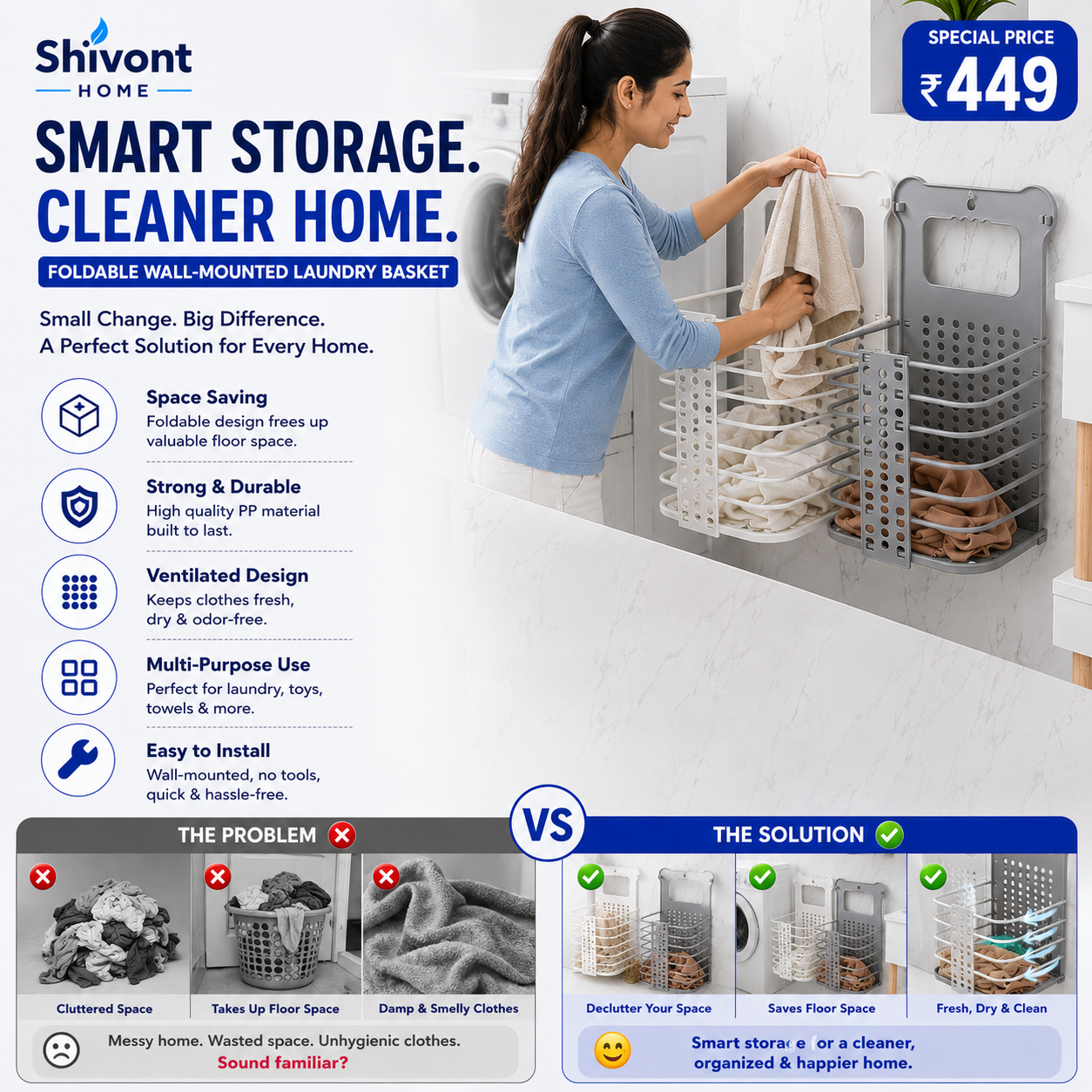 Wall Mounted Bathroom Hanging Laundry Basket
