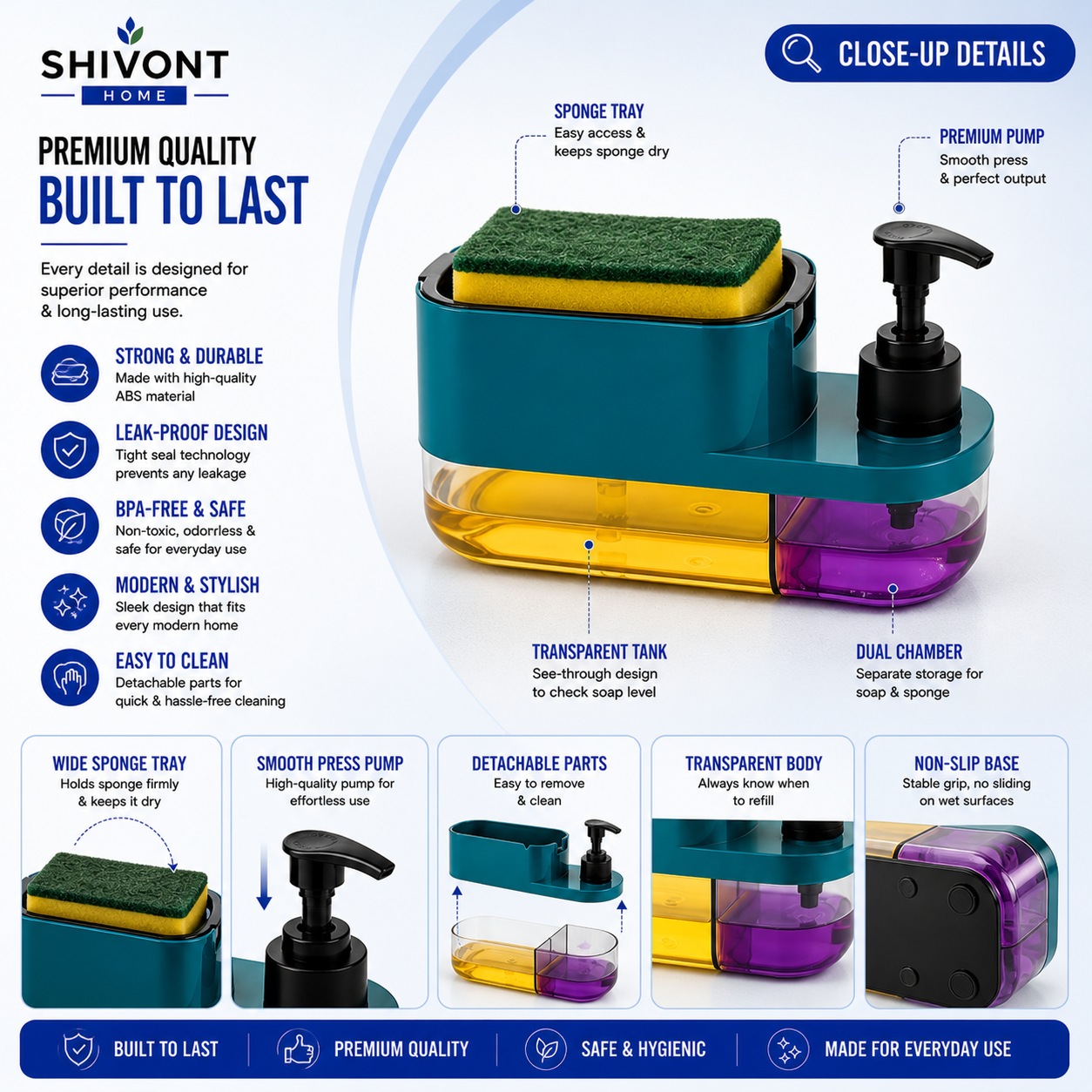 Soap Dispenser for Kitchen | 3 in 1 Soap Dispenser for Kitchen (Sponge Free) with Sponge Holder