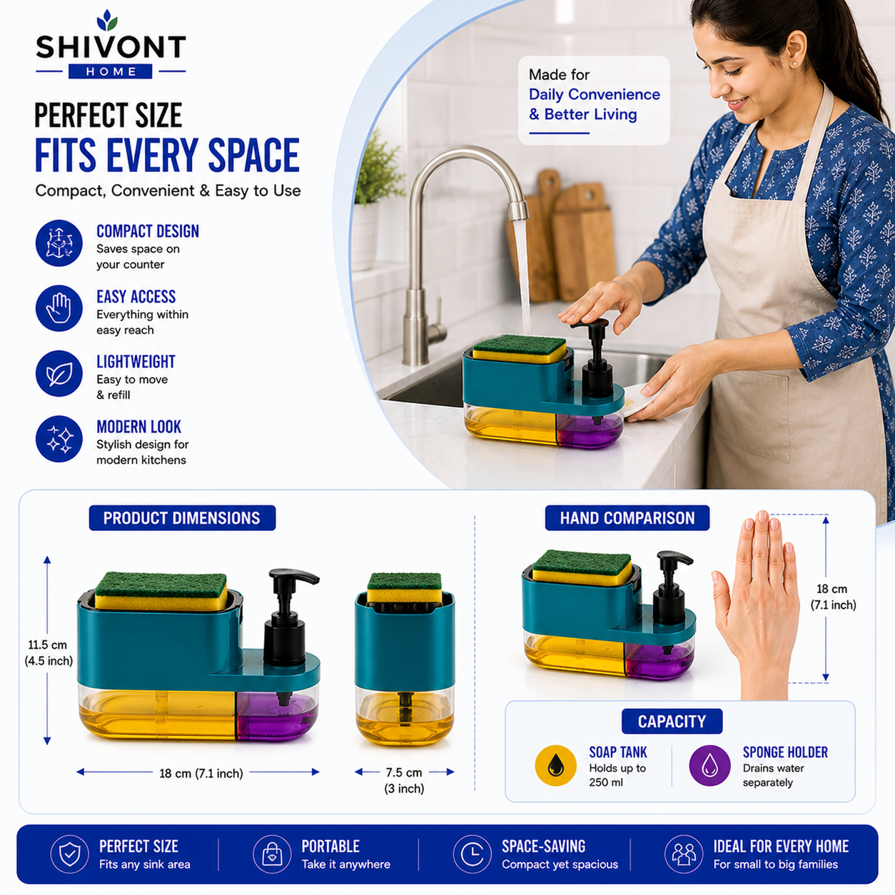 Soap Dispenser for Kitchen | 3 in 1 Soap Dispenser for Kitchen (Sponge Free) with Sponge Holder