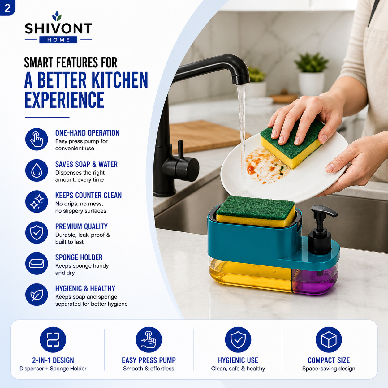Soap Dispenser for Kitchen | 3 in 1 Soap Dispenser for Kitchen (Sponge Free) with Sponge Holder