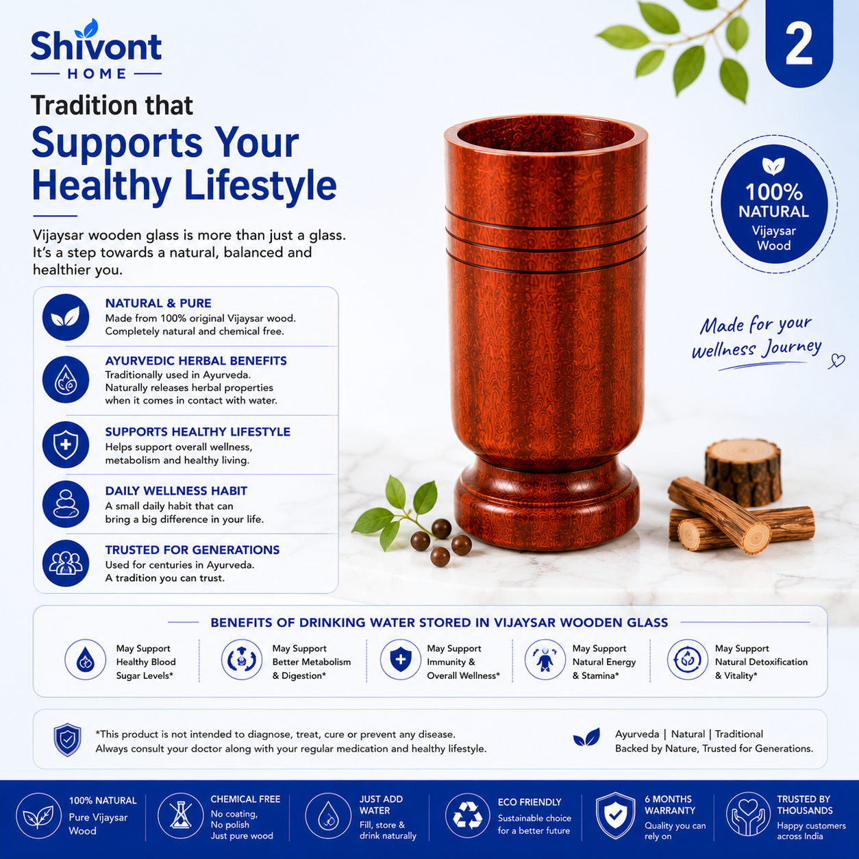 Sugar Balance Wooden Water Glass for Diabetics